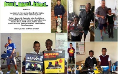 To have a skateboard, roller blades, a fishing set, a toy truck and a soccer ball